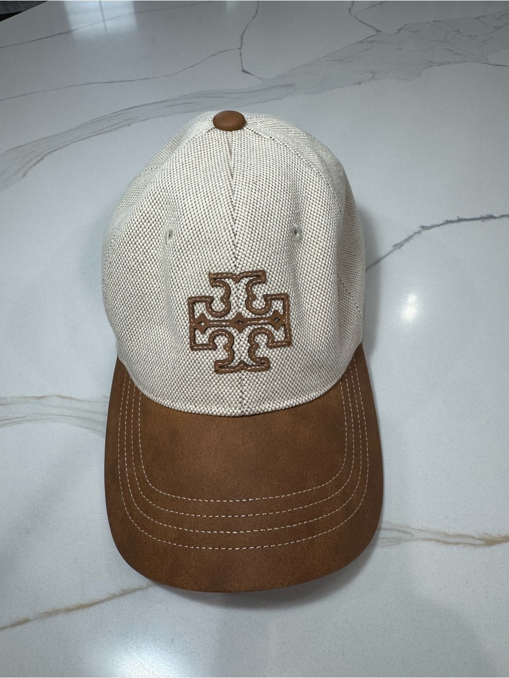 Tory Burch Cream and Brown Women Logo Baseball Cap
